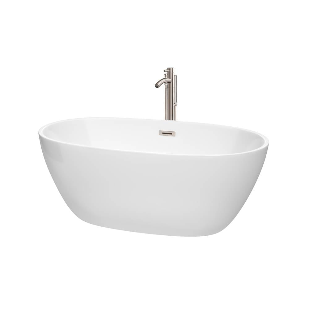 Wyndham Collection - Juno 59 Inch Freestanding Bathtub in White with Floor Mounted Faucet, Drain and Overflow Trim in Brushed Nickel - White With Brushed Nickel