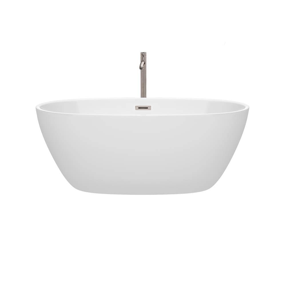 Juno 59 Inch Freestanding Bathtub in White with Floor Mounted Faucet, Drain and Overflow Trim in Brushed Nickel