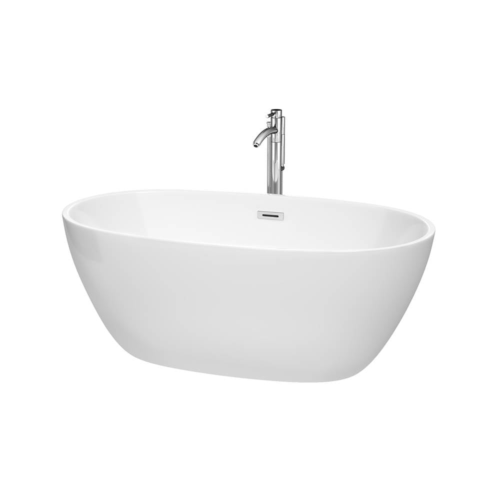 Wyndham Collection - Juno 59 Inch Freestanding Bathtub in White with Floor Mounted Faucet, Drain and Overflow Trim in Polished Chrome - White With Polished Chrome