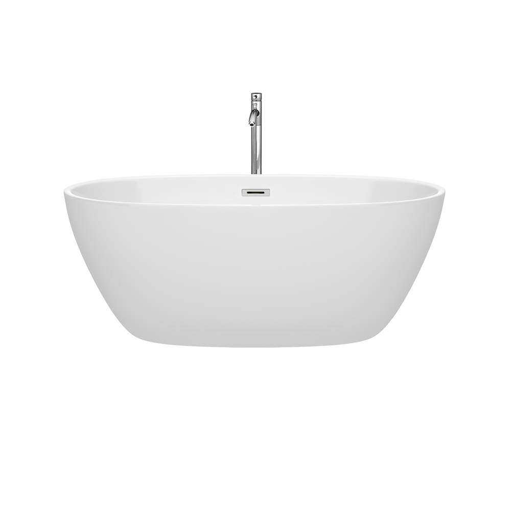 Juno 59 Inch Freestanding Bathtub in White with Floor Mounted Faucet, Drain and Overflow Trim in Brushed Nickel