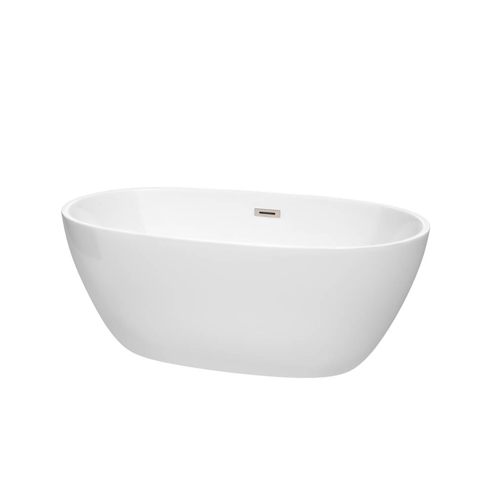 Wyndham Collection - Juno 59 Inch Freestanding Bathtub in White with Brushed Nickel Drain and Overflow Trim - White With Brushed Nickel