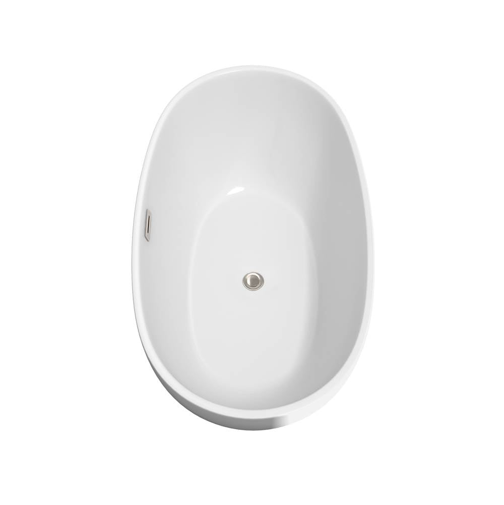 Juno 59 Inch Freestanding Bathtub in White with Floor Mounted Faucet, Drain and Overflow Trim in Brushed Nickel