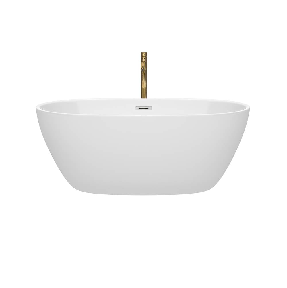 Juno 59 Inch Freestanding Bathtub in White with Polished Chrome Trim and Floor Mounted Faucet in Brushed Gold