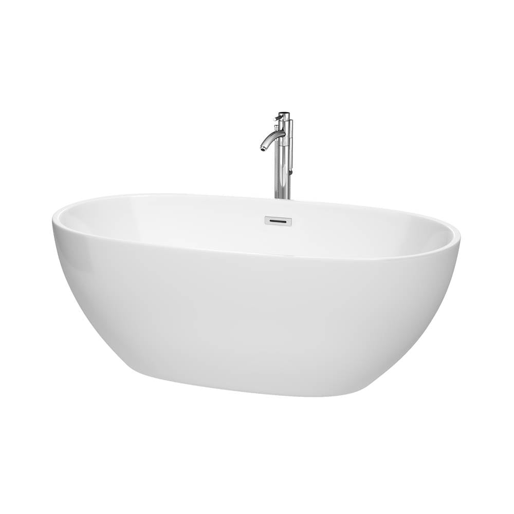 Wyndham Collection - Juno 63 Inch Freestanding Bathtub in White with Floor Mounted Faucet, Drain and Overflow Trim in Polished Chrome - White With Polished Chrome