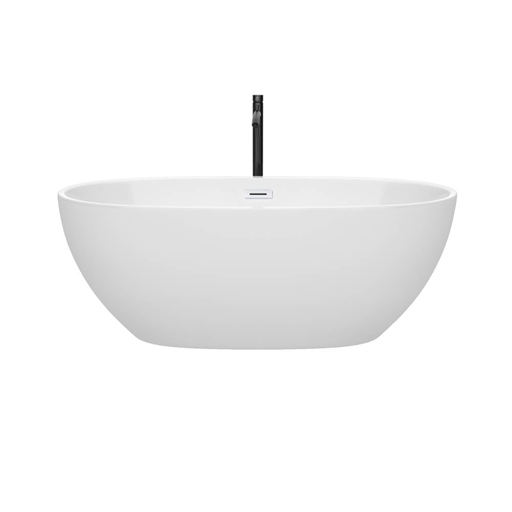 Juno 63 Inch Freestanding Bathtub in White with Shiny White Trim and Floor Mounted Faucet in Matte Black
