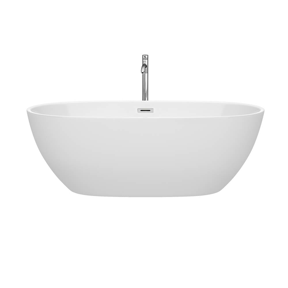 Juno 67 Inch Freestanding Bathtub in White with Floor Mounted Faucet, Drain and Overflow Trim in Brushed Nickel