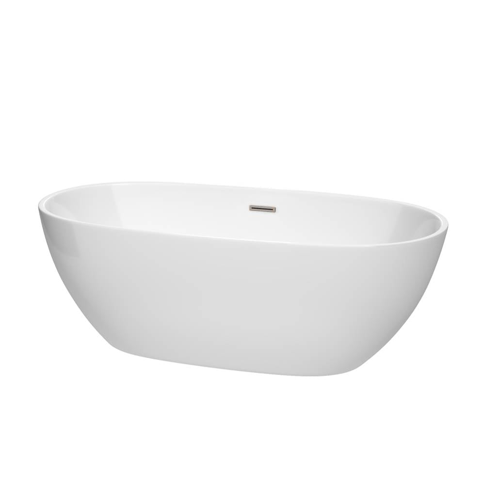 Wyndham Collection - Juno 67 Inch Freestanding Bathtub in White with Brushed Nickel Drain and Overflow Trim - White With Brushed Nickel