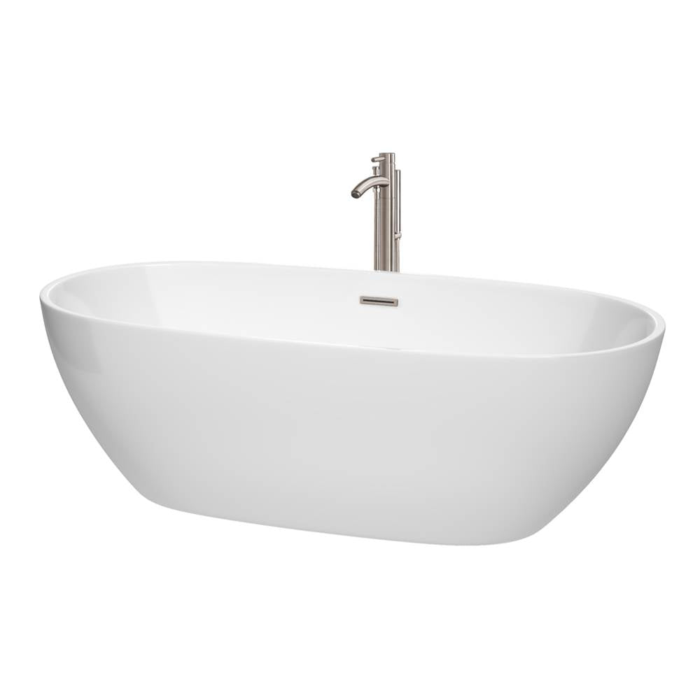 Wyndham Collection - Juno 71 Inch Freestanding Bathtub in White with Floor Mounted Faucet, Drain and Overflow Trim in Brushed Nickel - White With Brushed Nickel