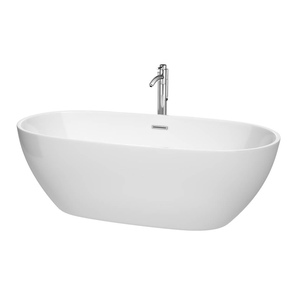 Wyndham Collection - Juno 71 Inch Freestanding Bathtub in White with Floor Mounted Faucet, Drain and Overflow Trim in Polished Chrome - White With Polished Chrome