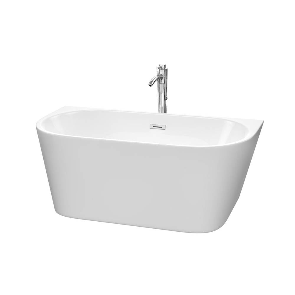 Wyndham Collection - Callie 59 Inch Freestanding Bathtub in White with Floor Mounted Faucet, Drain and Overflow Trim in Polished Chrome - White With Polished Chrome