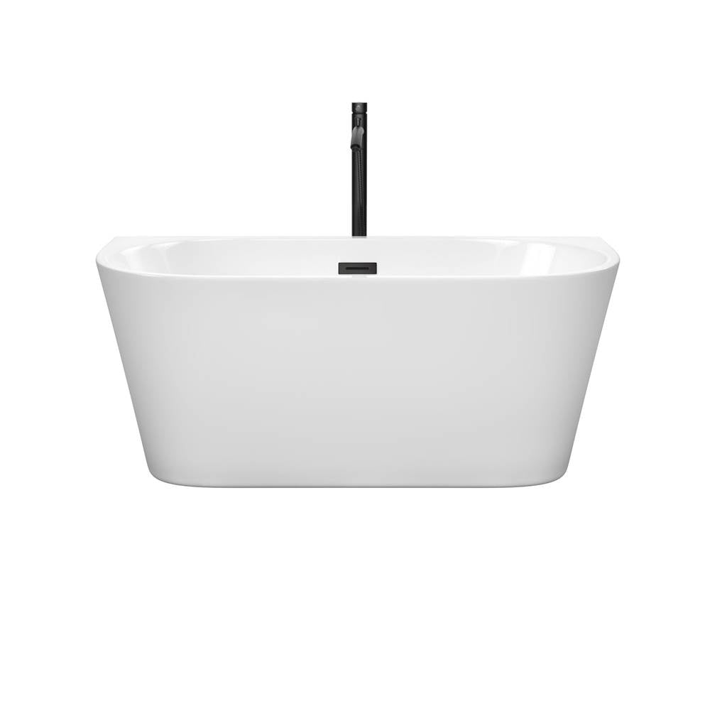 Callie 59 Inch Freestanding Bathtub in White with Floor Mounted Faucet, Drain and Overflow Trim in Matte Black
