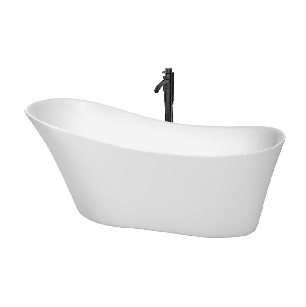 Wyndham Collection - Janice 67 Inch Freestanding Bathtub in White with Polished Chrome Trim and Floor Mounted Faucet in Matte Black
