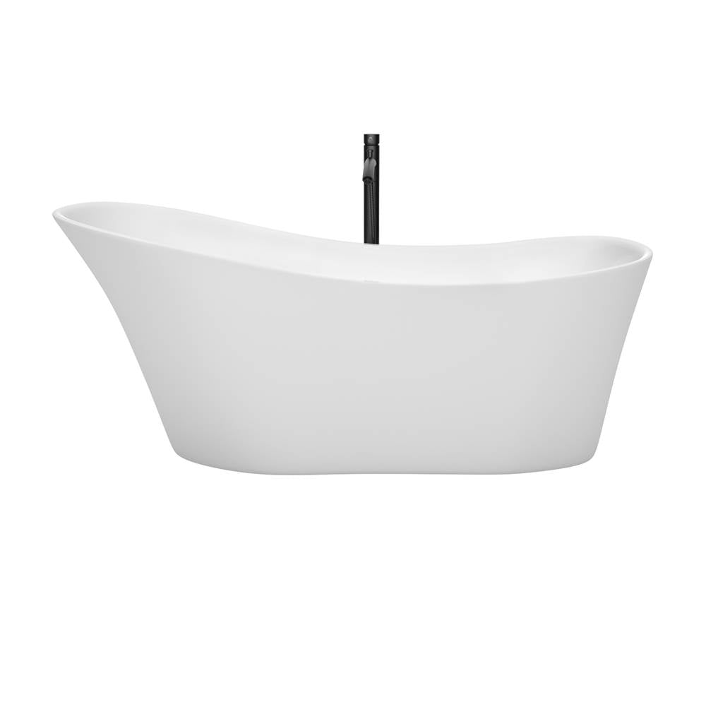 Janice 67 Inch Freestanding Bathtub in White with Polished Chrome Trim and Floor Mounted Faucet in Matte Black