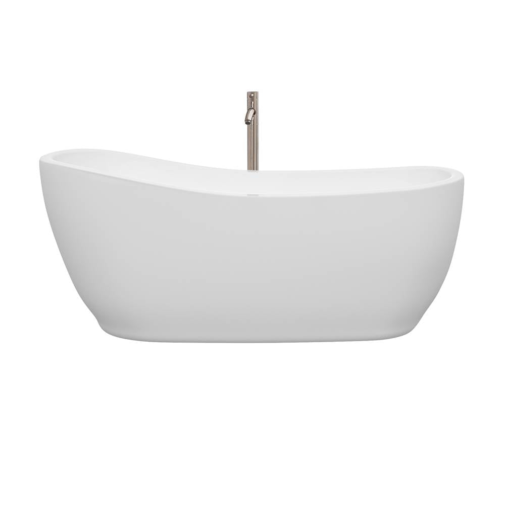 Margaret 66 Inch Freestanding Bathtub in White with Floor Mounted Faucet, Drain and Overflow Trim in Brushed Nickel