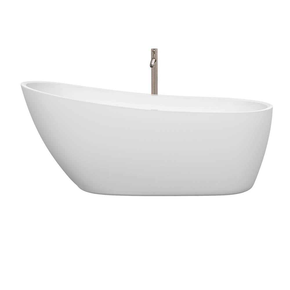Florence 68 Inch Freestanding Bathtub in White with Floor Mounted Faucet, Drain and Overflow Trim in Brushed Nickel