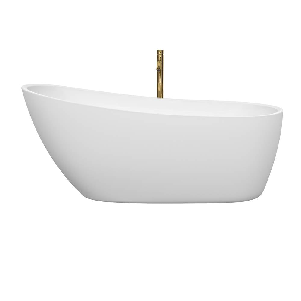 Florence 68 Inch Freestanding Bathtub in White with Shiny White Trim and Floor Mounted Faucet in Brushed Gold
