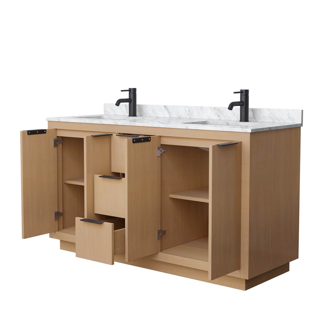 Maroni 60 Inch Double Bathroom Vanity in Light Straw, White Carrara Marble Countertop, Undermount Square Sinks, Matte Black Trim