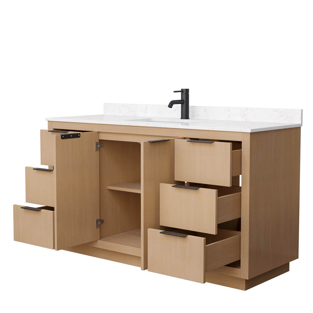 Maroni 60 Inch Single Bathroom Vanity in Light Straw, Carrara Cultured Marble Countertop, Undermount Square Sink, Matte Black Trim