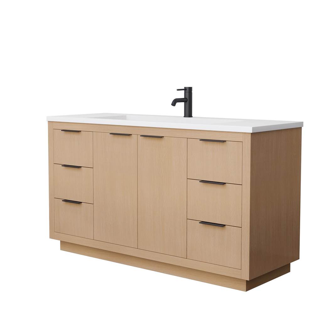 Wyndham Collection - Maroni 60 Inch Single Bathroom Vanity in Light Straw, 1.25 Inch Thick Matte White Solid Surface Countertop, Integrated Sink, Matte Black Trim