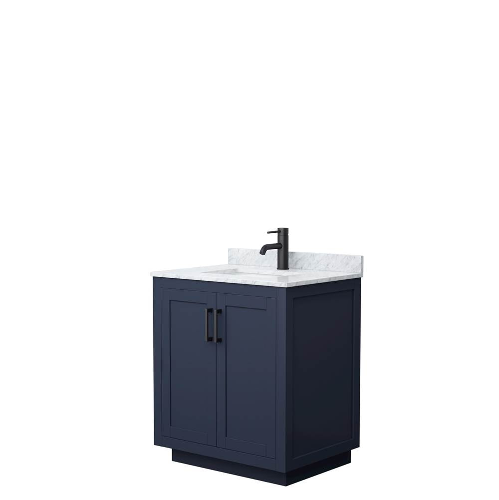 Wyndham Collection - Miranda 30 Inch Single Bathroom Vanity in Dark Blue, White Carrara Marble Countertop, Undermount Square Sink, Matte Black Trim