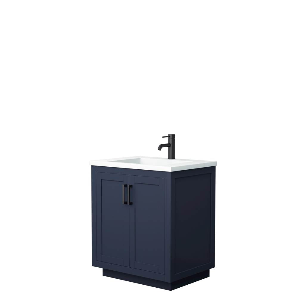 Wyndham Collection - Miranda 30 Inch Single Bathroom Vanity in Dark Blue, 1.25 Inch Thick Matte White Solid Surface Countertop, Integrated Sink, Matte Black Trim