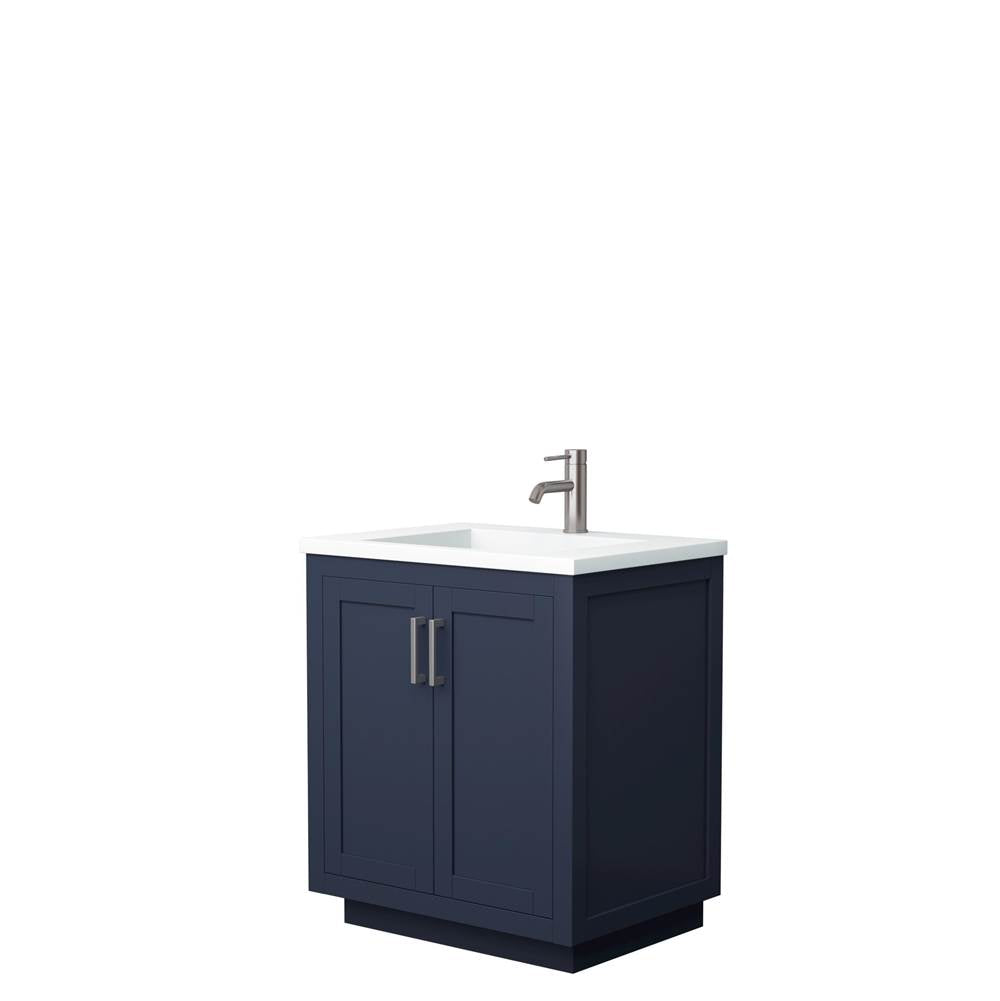 Wyndham Collection - Miranda 30 Inch Single Bathroom Vanity in Dark Blue, 1.25 Inch Thick Matte White Solid Surface Countertop, Integrated Sink, Brushed Nickel Trim