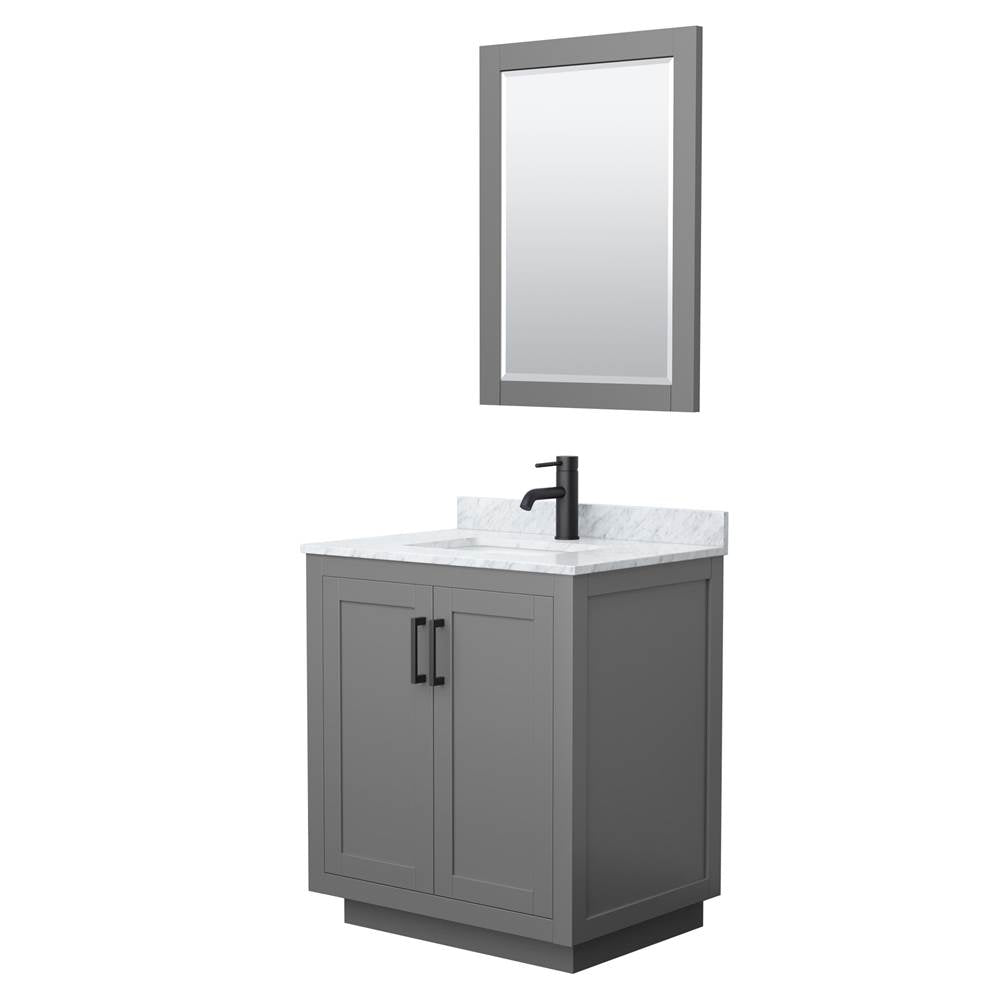 Wyndham Collection - Miranda 30 Inch Single Bathroom Vanity in Dark Gray, White Carrara Marble Countertop, Undermount Square Sink, Matte Black Trim, 24 Inch Mirror