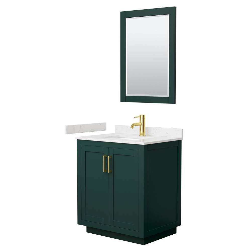 Wyndham Collection - Miranda 30 Inch Single Bathroom Vanity in Green, Carrara Cultured Marble Countertop, Undermount Square Sink, Brushed Gold Trim, 24 Inch Mirror
