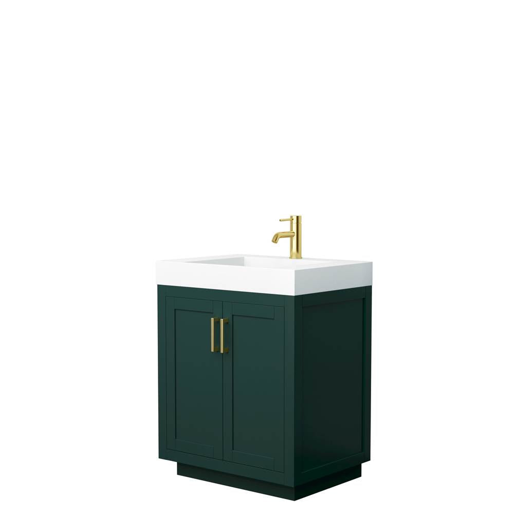Wyndham Collection - Miranda 30 Inch Single Bathroom Vanity in Green, 4 Inch Thick Matte White Solid Surface Countertop, Integrated Sink, Brushed Gold Trim