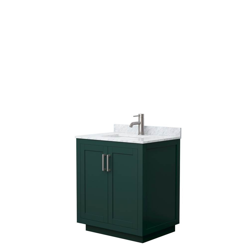 Wyndham Collection - Miranda 30 Inch Single Bathroom Vanity in Green, White Carrara Marble Countertop, Undermount Square Sink, Brushed Nickel Trim