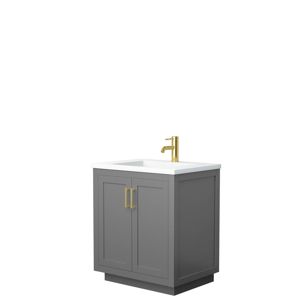 Wyndham Collection - Miranda 30 Inch Single Bathroom Vanity in Dark Gray, 1.25 Inch Thick Matte White Solid Surface Countertop, Integrated Sink, Brushed Gold Trim