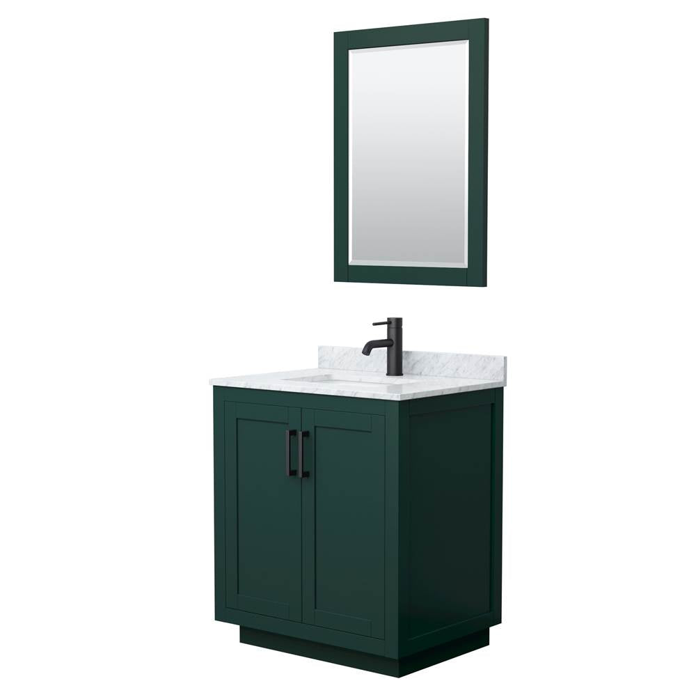 Wyndham Collection - Miranda 30 Inch Single Bathroom Vanity in Green, White Carrara Marble Countertop, Undermount Square Sink, Matte Black Trim, 24 Inch Mirror