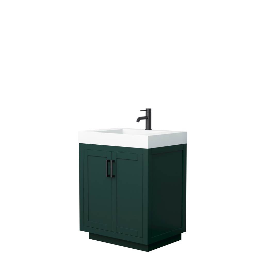 Wyndham Collection - Miranda 30 Inch Single Bathroom Vanity in Green, 4 Inch Thick Matte White Solid Surface Countertop, Integrated Sink, Matte Black Trim