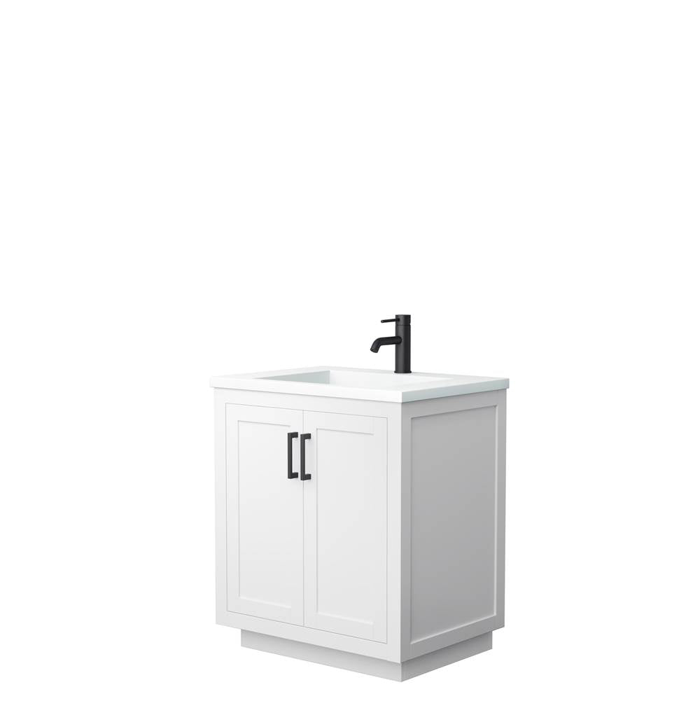Wyndham Collection - Miranda 30 Inch Single Bathroom Vanity in White, 1.25 Inch Thick Matte White Solid Surface Countertop, Integrated Sink, Matte Black Trim