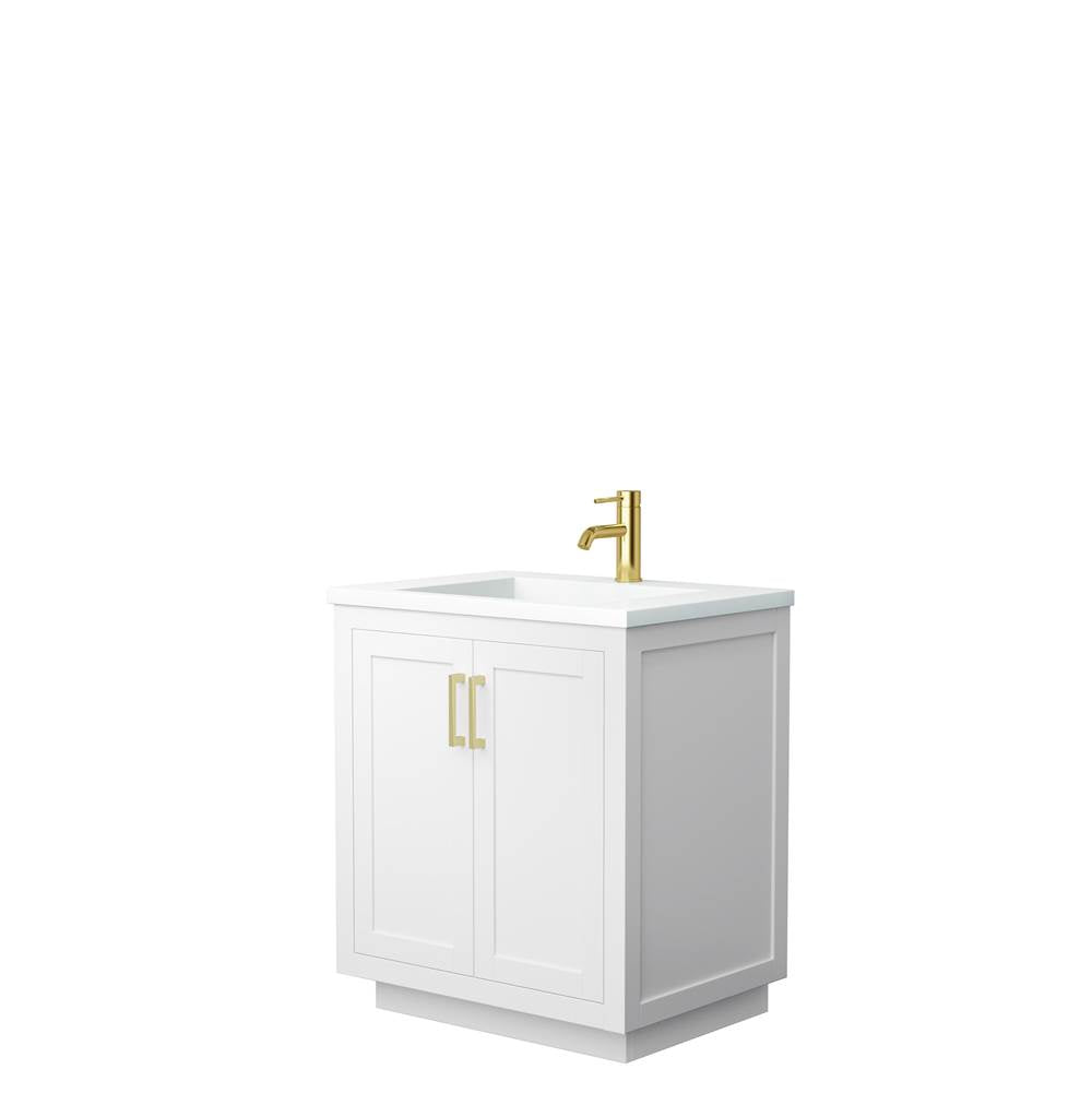 Wyndham Collection - Miranda 30 Inch Single Bathroom Vanity in White, 1.25 Inch Thick Matte White Solid Surface Countertop, Integrated Sink, Brushed Gold Trim