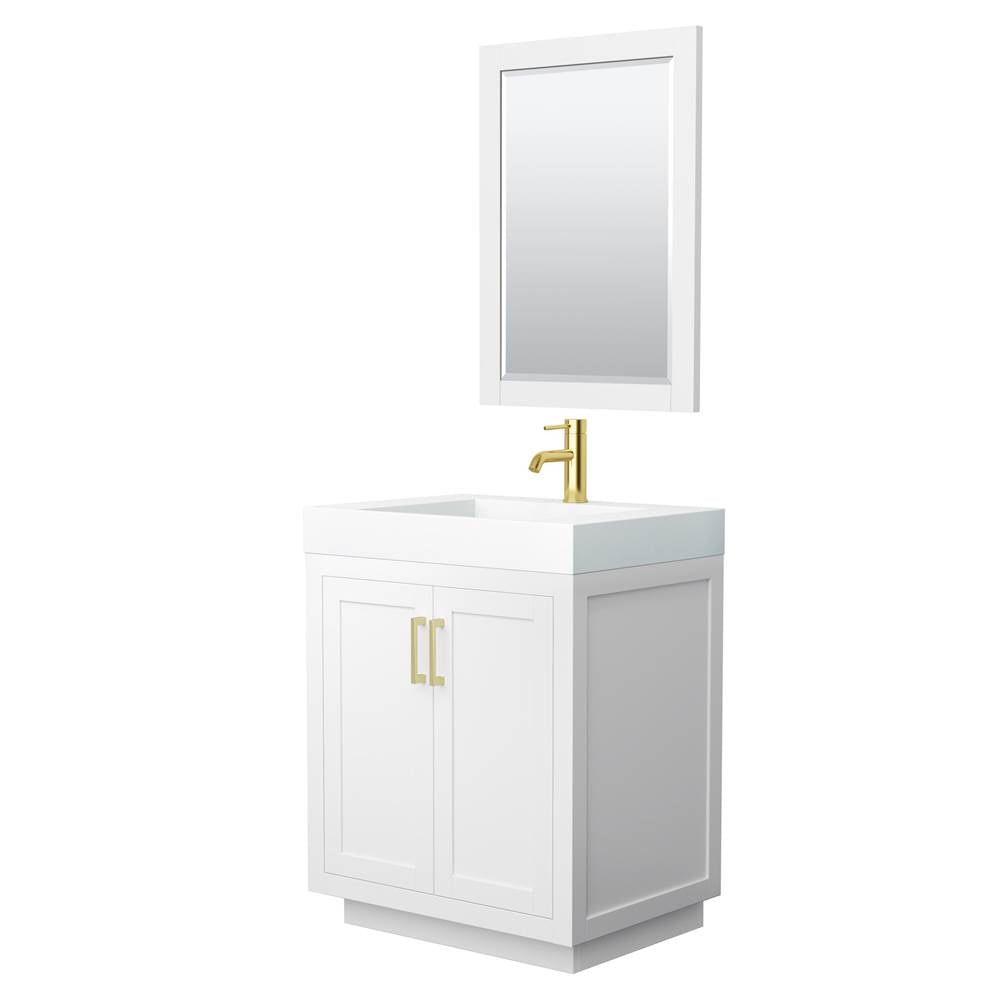 Wyndham Collection - Miranda 30 Inch Single Bathroom Vanity in White, 4 Inch Thick Matte White Solid Surface Countertop, Integrated Sink, Brushed Gold Trim, 24 Inch Mirror