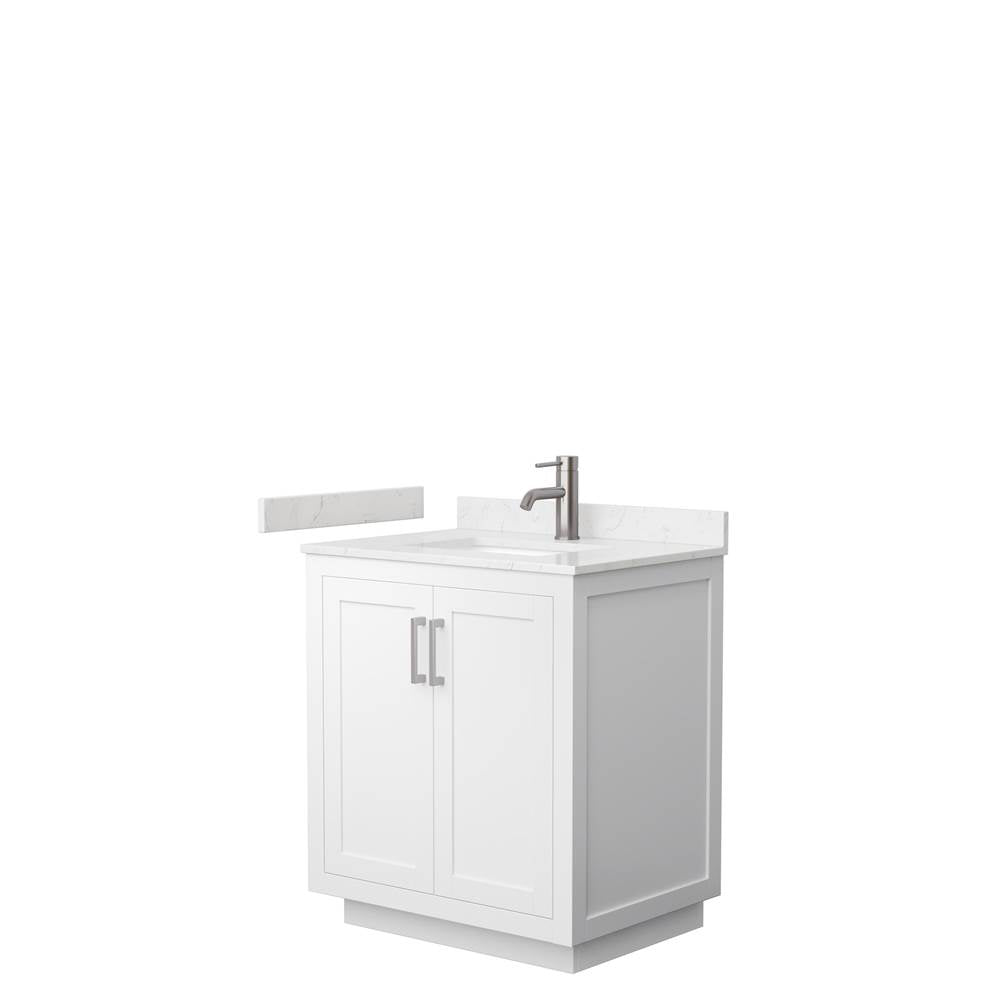Wyndham Collection - Miranda 30 Inch Single Bathroom Vanity in White, Carrara Cultured Marble Countertop, Undermount Square Sink, Brushed Nickel Trim