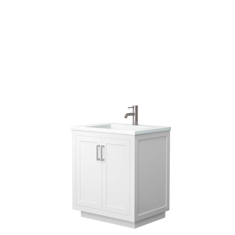 Wyndham Collection - Miranda 30 Inch Single Bathroom Vanity in White, 1.25 Inch Thick Matte White Solid Surface Countertop, Integrated Sink, Brushed Nickel Trim