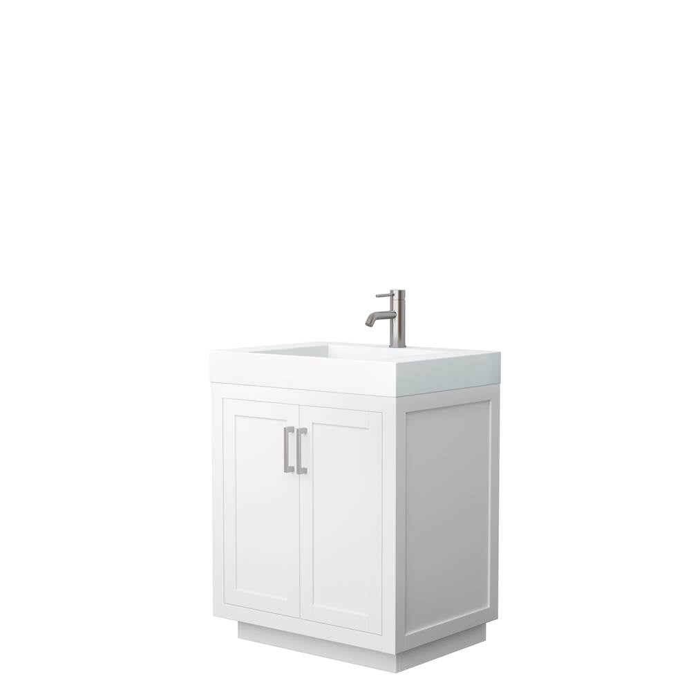 Wyndham Collection - Miranda 30 Inch Single Bathroom Vanity in White, 4 Inch Thick Matte White Solid Surface Countertop, Integrated Sink, Brushed Nickel Trim
