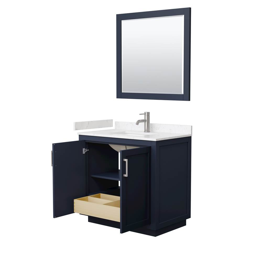 Miranda 36 Inch Single Bathroom Vanity in Dark Blue, Carrara Cultured Marble Countertop, Undermount Square Sink, Brushed Nickel Trim, 34 Inch Mirror
