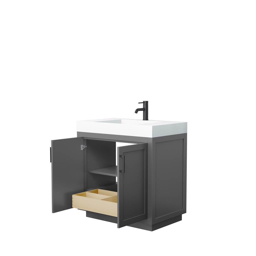 Miranda 36 Inch Single Bathroom Vanity in Dark Gray, 4 Inch Thick Matte White Solid Surface Countertop, Integrated Sink, Matte Black Trim