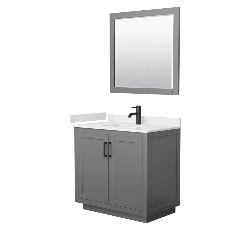 Wyndham Collection - Miranda 36 Inch Single Bathroom Vanity in Dark Gray, White Cultured Marble Countertop, Undermount Square Sink, Matte Black Trim, 34 Inch Mirror