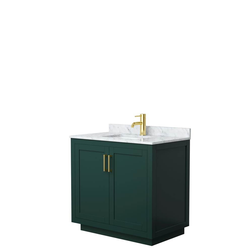 Wyndham Collection - Miranda 36 Inch Single Bathroom Vanity in Green, White Carrara Marble Countertop, Undermount Square Sink, Brushed Gold Trim