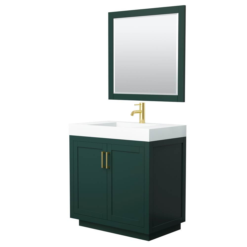 Wyndham Collection - Miranda 36 Inch Single Bathroom Vanity in Green, 4 Inch Thick Matte White Solid Surface Countertop, Integrated Sink, Brushed Gold Trim, 34 Inch Mirror
