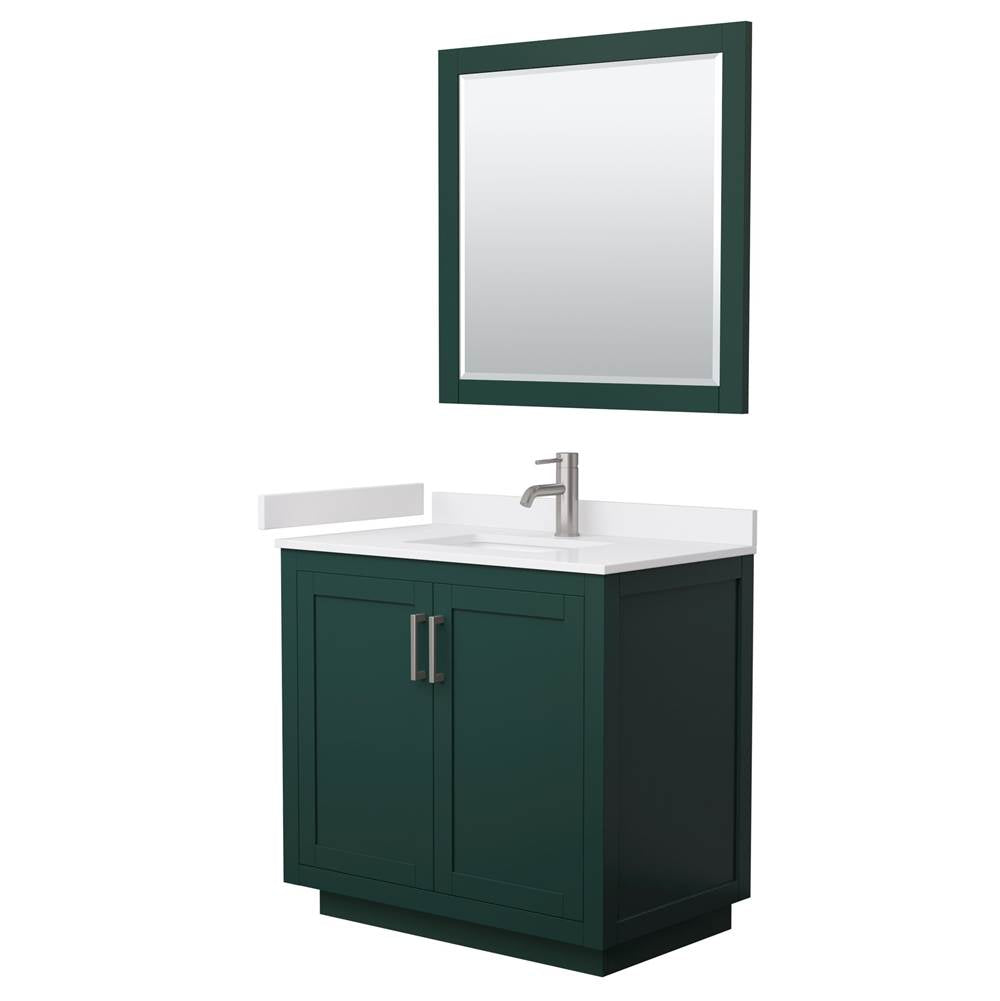 Wyndham Collection - Miranda 36 Inch Single Bathroom Vanity in Green, White Cultured Marble Countertop, Undermount Square Sink, Brushed Nickel Trim, 34 Inch Mirror