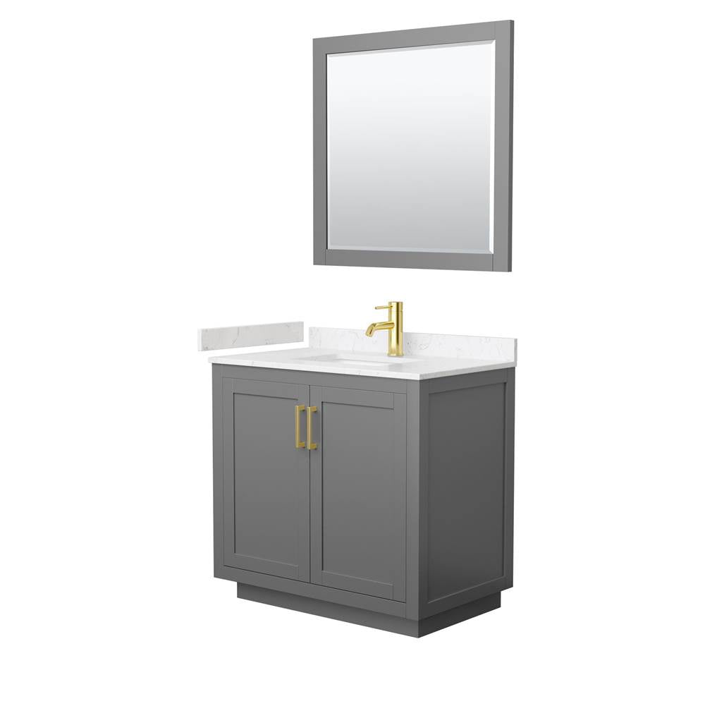 Wyndham Collection - Miranda 36 Inch Single Bathroom Vanity in Dark Gray, Carrara Cultured Marble Countertop, Undermount Square Sink, Brushed Gold Trim, 34 Inch Mirror