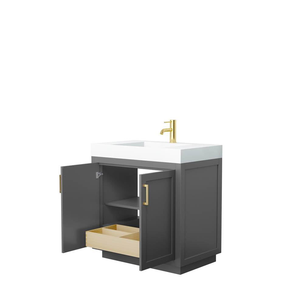 Miranda 36 Inch Single Bathroom Vanity in Dark Gray, 4 Inch Thick Matte White Solid Surface Countertop, Integrated Sink, Brushed Gold Trim