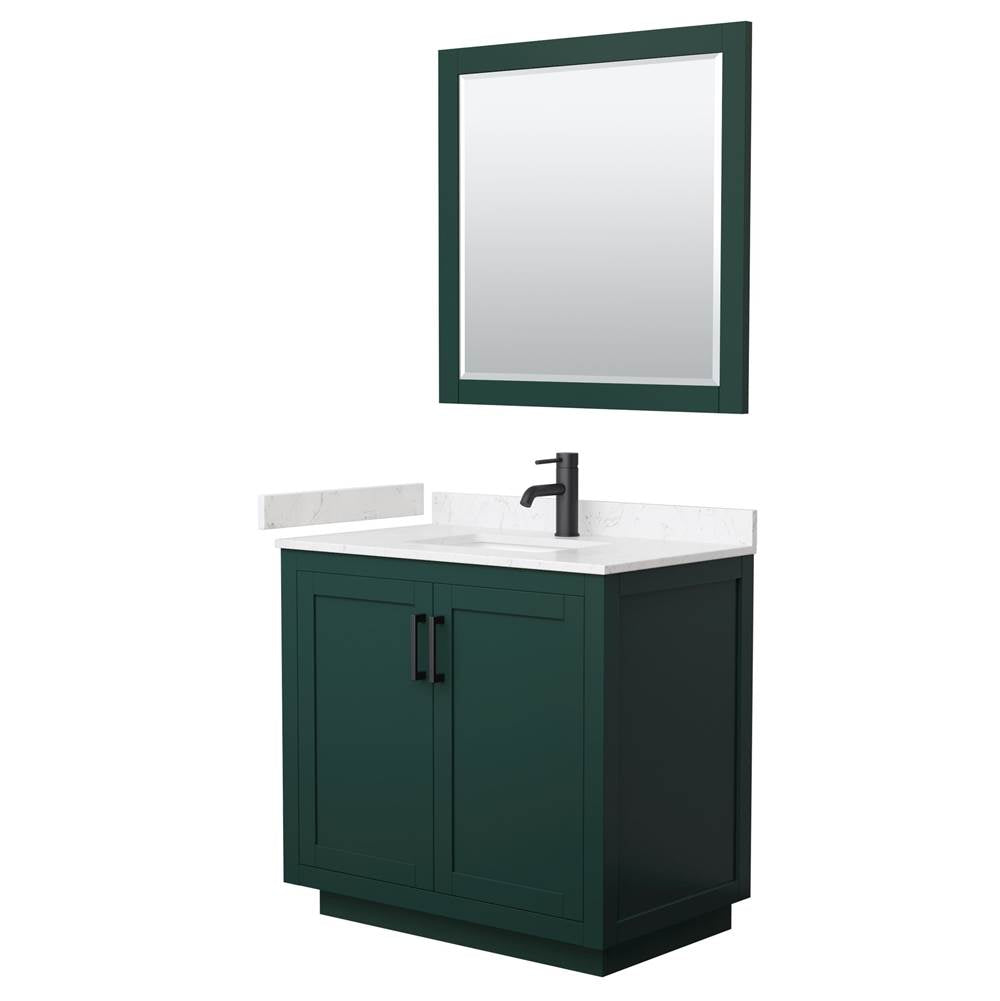 Wyndham Collection - Miranda 36 Inch Single Bathroom Vanity in Green, Carrara Cultured Marble Countertop, Undermount Square Sink, Matte Black Trim, 34 Inch Mirror
