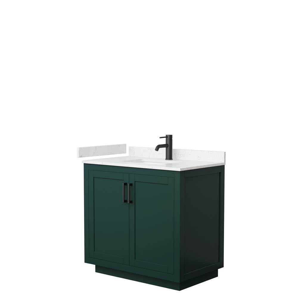 Wyndham Collection - Miranda 36 Inch Single Bathroom Vanity in Green, Carrara Cultured Marble Countertop, Undermount Square Sink, Matte Black Trim