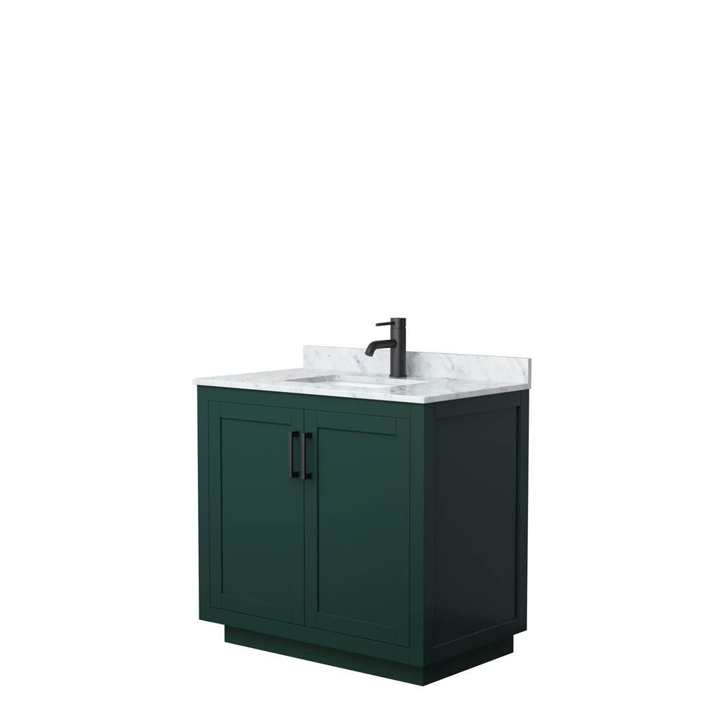 Wyndham Collection - Miranda 36 Inch Single Bathroom Vanity in Green, White Carrara Marble Countertop, Undermount Square Sink, Matte Black Trim